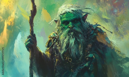 Fantasy dwarf with a green face holding a staff embodying a magical and colorful character from a fairy tale photo