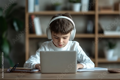 Focused Young Boy Concentrates on Online Learning with Headphones, Laptop, and Notebook at Desk photo