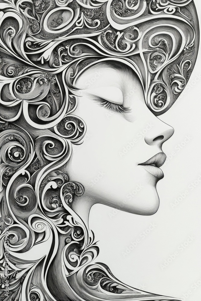Art Nouveau inspired woman s face featuring intricate flowing hair in a distinctive style Art Nouveau inspired woman s face featuring intricate flowing hair in a distinctive style