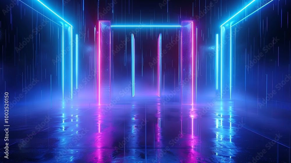 Fototapeta premium Futuristic neon-lit corridor with glowing lights and misty atmosphere, creating a mesmerizing visual experience.