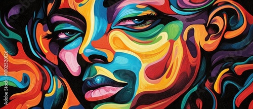 Vibrant abstract artwork featuring a colorful face design