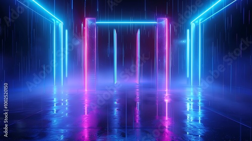 Futuristic neon-lit corridor with glowing lights and misty atmosphere, creating a mesmerizing visual experience.