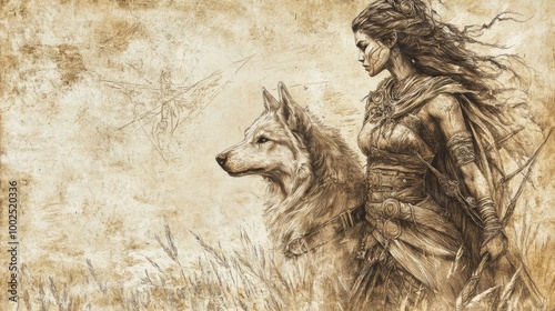 Mystical female warrior and canine companion detailed pencil sketch on aged paper