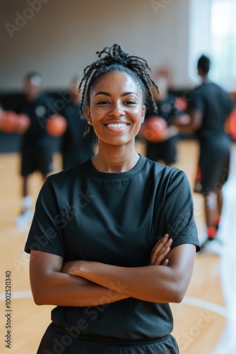 Confident basketball coach in gym with players in background. photo