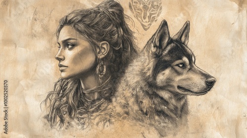Mystical female warrior and canine companion detailed pencil sketch on aged paper