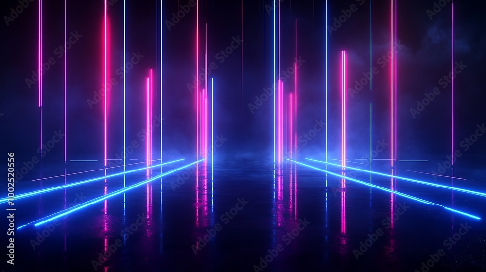 Futuristic scene with vibrant neon lights and reflective surfaces creating a dynamic atmosphere. Futuristic scene with vibrant neon lights and reflective surfaces creating a dynamic atmosphere.