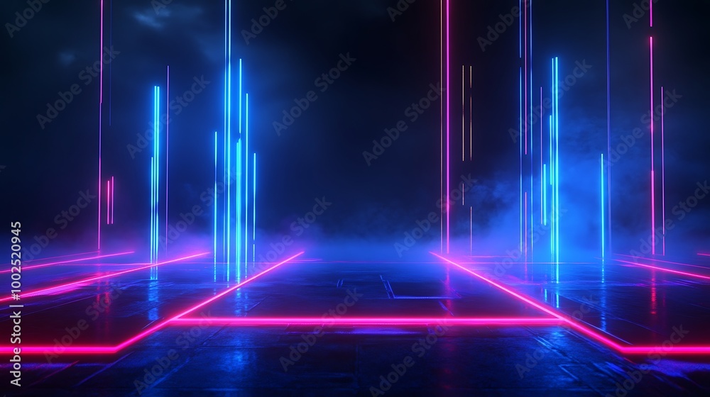 Neon glowing lines create an abstract digital landscape in a dark environment. Neon glowing lines create an abstract digital landscape in a dark environment.