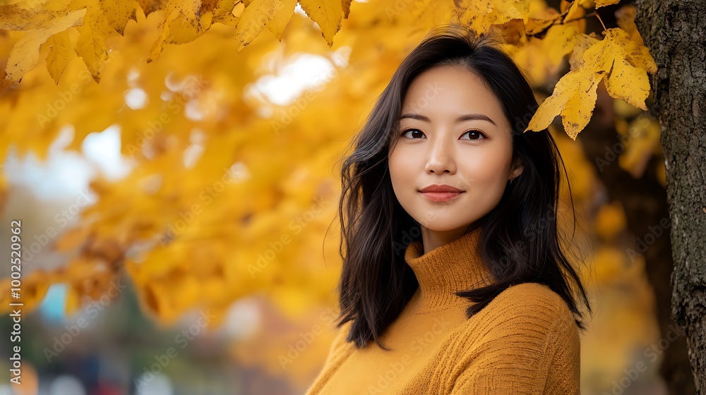A portrait of an East Asian woman standing near a tree with bright yellow autumn leaves. A portrait of an East Asian woman standing near a tree with bright yellow autumn leaves.