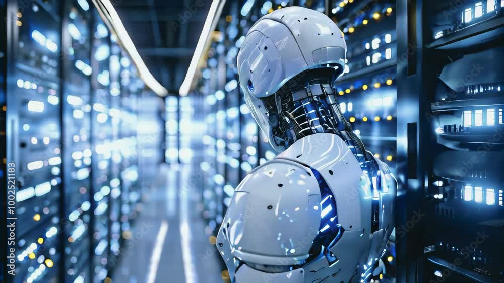 Robotics To Build Server Rack A futuristic robot in a high-tech data center, surrounded by ...