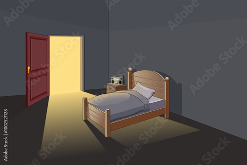 Bedroom illustration at night with the door opens, blanket, pillow and classics tape recorder. Vector Illustration.