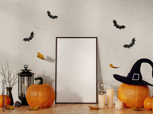 Elegant Halloween Tabletop with Pumpkins and Witch Hat 3D Render