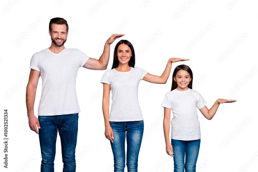 Obraz premium Portrait of charming family holding palm wearing white t-shirt denim jeans isolated over blue background