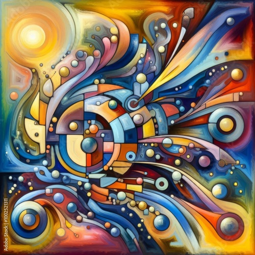 Colorful abstract geometric artwork featuring vibrant swirls and flowing patterns, symbolizing creativity and dynamic energy. The intricate design evokes a sense of movement and harmony, perfect for