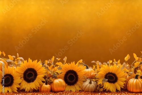 a golden background with pumpkins and sunflowers