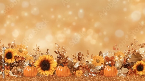 a golden background with pumpkins and sunflowers