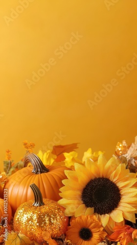 thanksgiving background with pumpkins and sunflowers photo