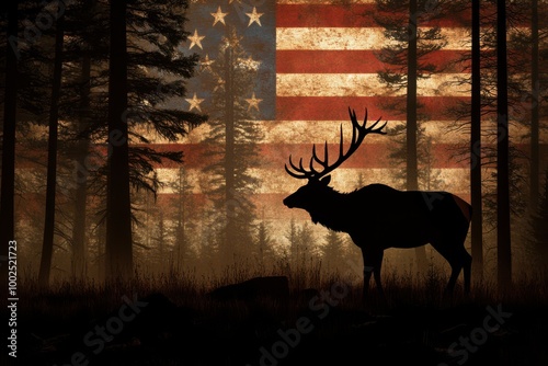 a deer stands in front of an american flag photo