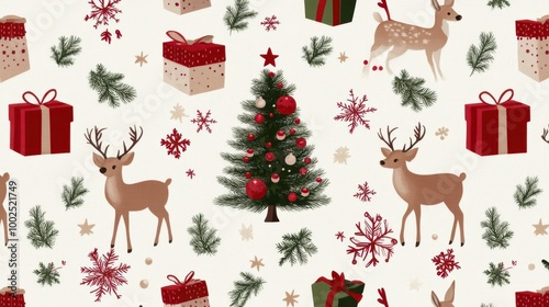 christmas seamless pattern with deer, tree and presents