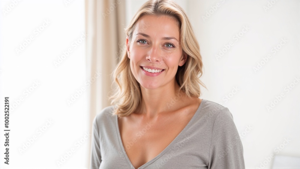 Smiling middle-aged woman posing confidently in a bright indoor setting - concept Smiling middle-aged woman posing confidently in a bright indoor setting - concept