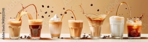 Variety of coffee drinks with splashing effects for beverage promotions. AI