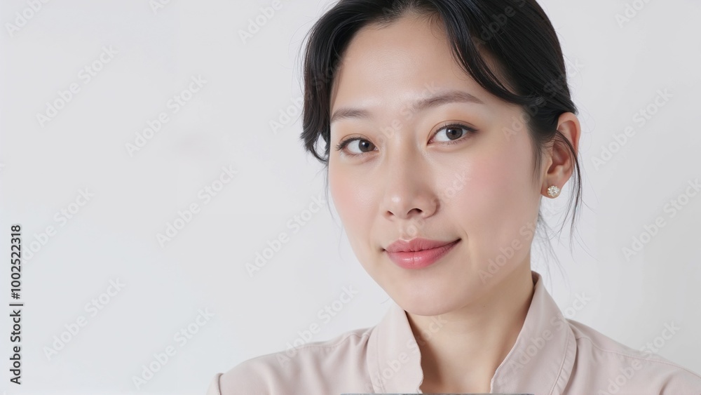 Confident middle-aged Chinese woman posing with a subtle smile in a light clothing - concept Confident middle-aged Chinese woman posing with a subtle smile in a light clothing - concept