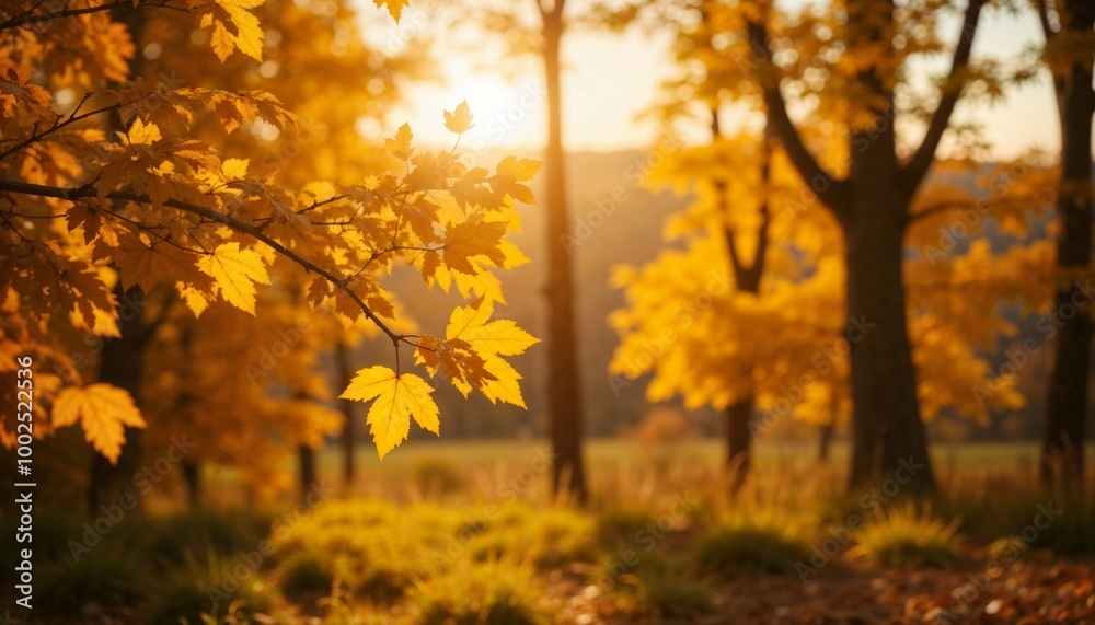 Fototapeta premium Golden autumn forest background with sunlit leaves, serene nature scenery