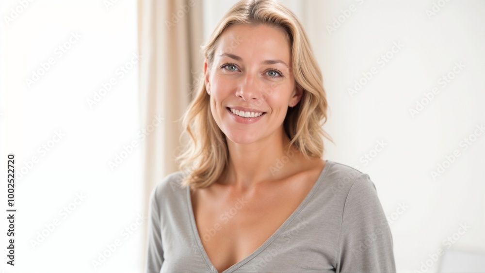 Smiling middle-aged woman in a gray top posing confidently in a bright indoor setting - concept Smiling middle-aged woman in a gray top posing confidently in a bright indoor setting - concept