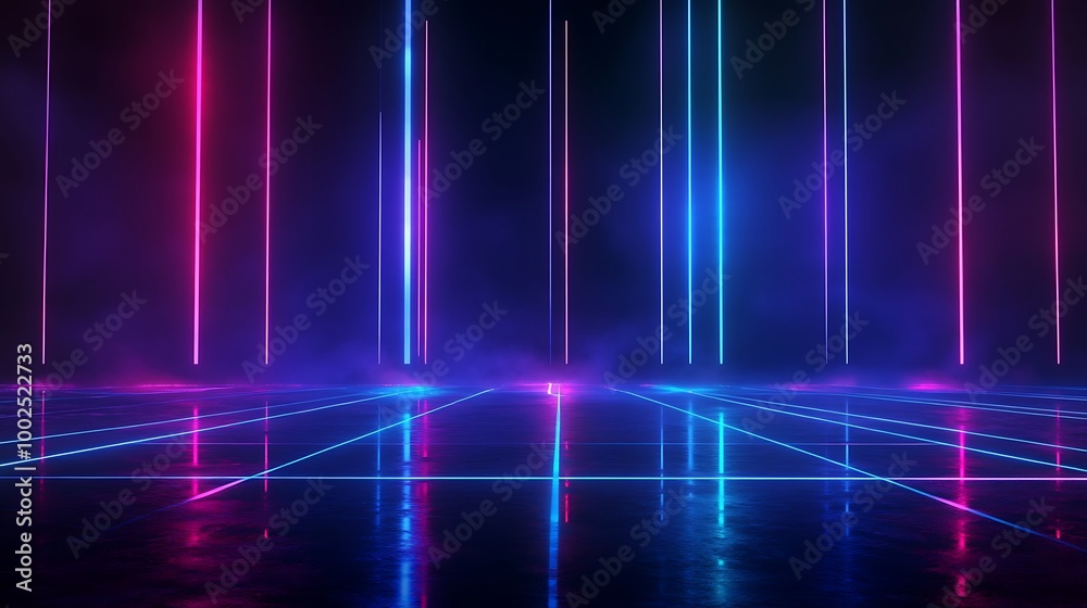Vibrant neon beams in a dark misty setting, creating a futuristic atmosphere. Vibrant neon beams in a dark misty setting, creating a futuristic atmosphere.