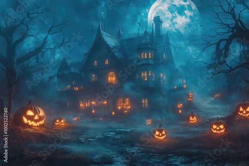 A spooky haunted house stands under the full moon, surrounded by glowing jack-o'-lanterns. The eerie light from the windows and pumpkins adds a mysterious atmosphere