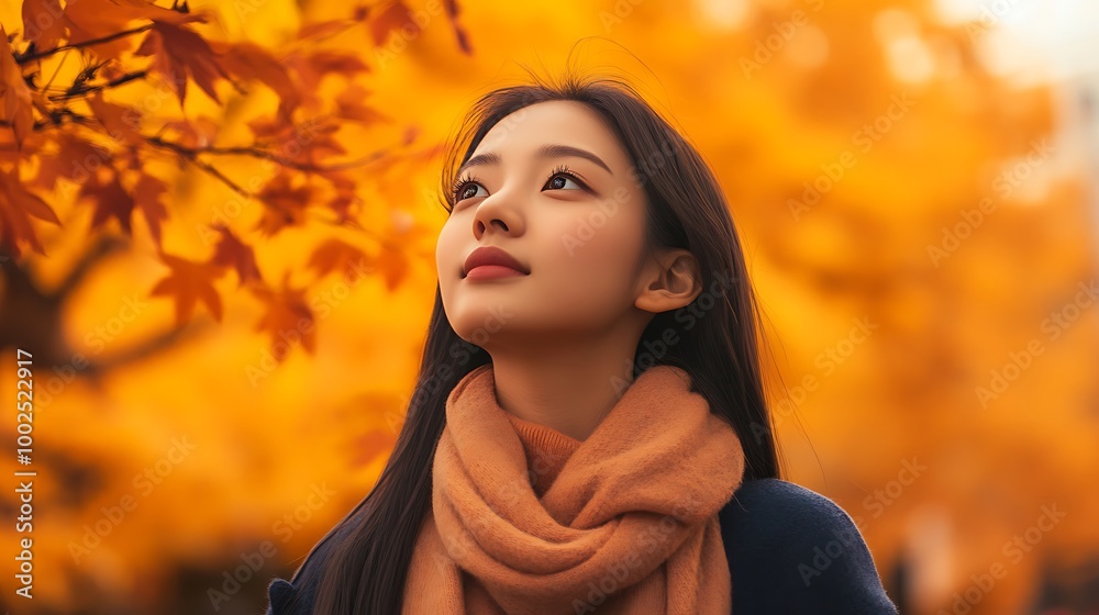 A portrait of an East Asian woman against a backdrop of vibrant orange autumn trees. A portrait of an East Asian woman against a backdrop of vibrant orange autumn trees.
