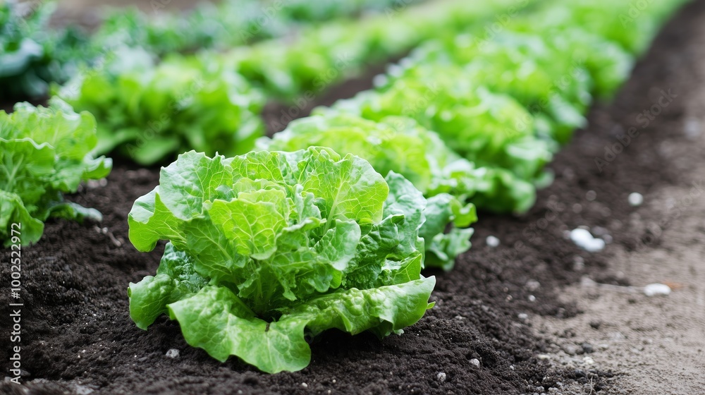 Fresh green lettuce growing in neat rows on a farm during a sunny day in spring