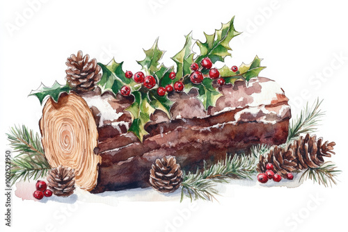 Watercolor painting of a christmas yule log cake decorated with holly, pine cones, and red berries