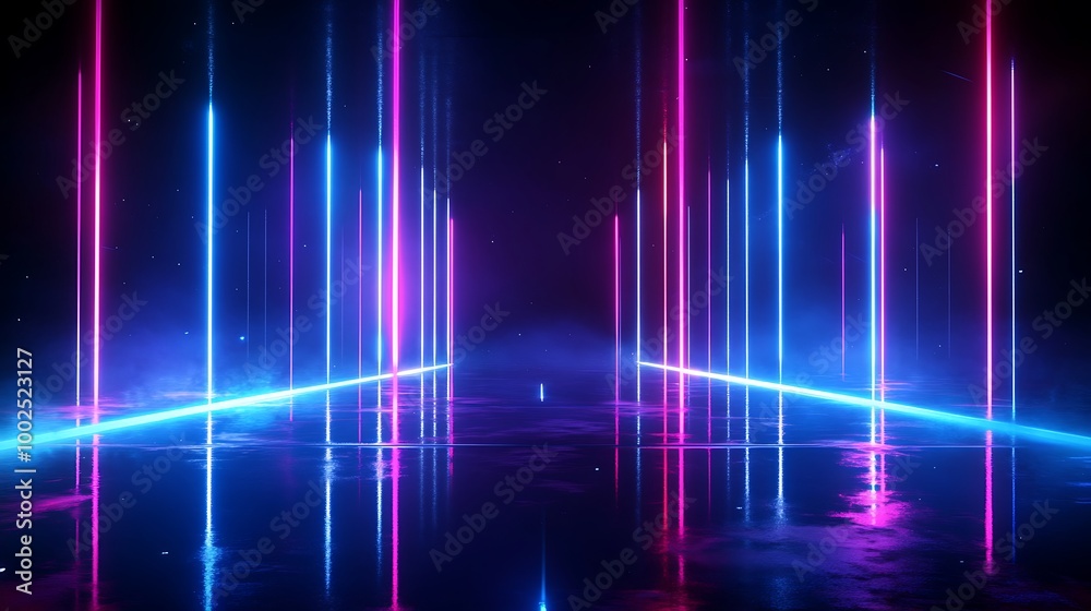 Vibrant neon light beams illuminate a dark space, creating a futuristic and dynamic atmosphere. Vibrant neon light beams illuminate a dark space, creating a futuristic and dynamic atmosphere.