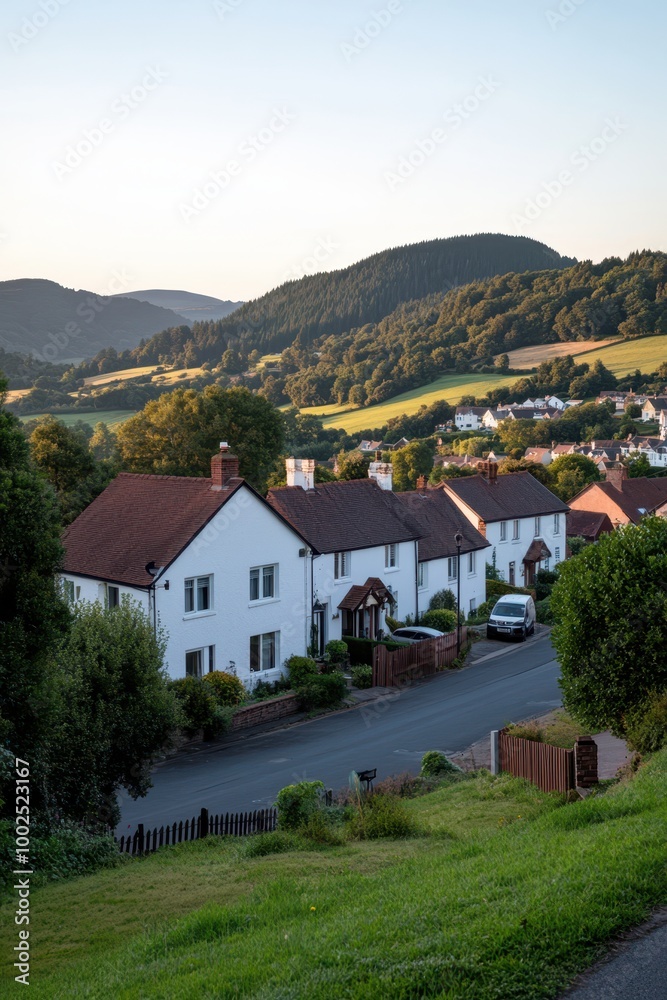 a view of a village with houses and hills in the background a view of a village with houses and hills in the background