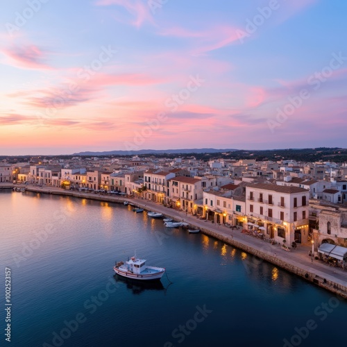 a beautiful sunset over the port of a town