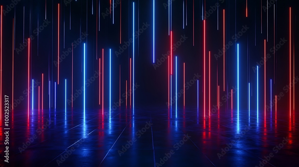 Vibrant neon light patterns with dynamic vertical lines in contrasting colors against a dark background, creating a futuristic atmosphere. Vibrant neon light patterns with dynamic vertical lines in contrasting colors against a dark background, creating a futuristic atmosphere.