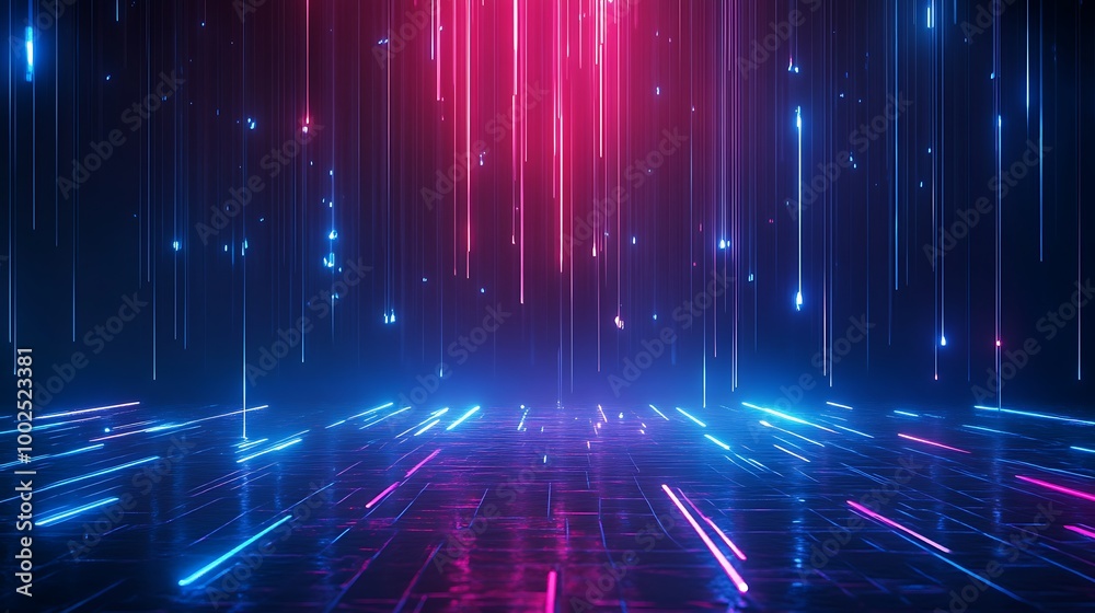 Vibrant neon light rays create a futuristic digital landscape on a reflective surface. Vibrant neon light rays create a futuristic digital landscape on a reflective surface.