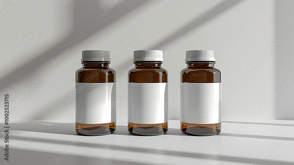 Three amber glass bottles with white labels and caps, arranged in a row against a white background. The bottles are perfect for showcasing your product packaging design.