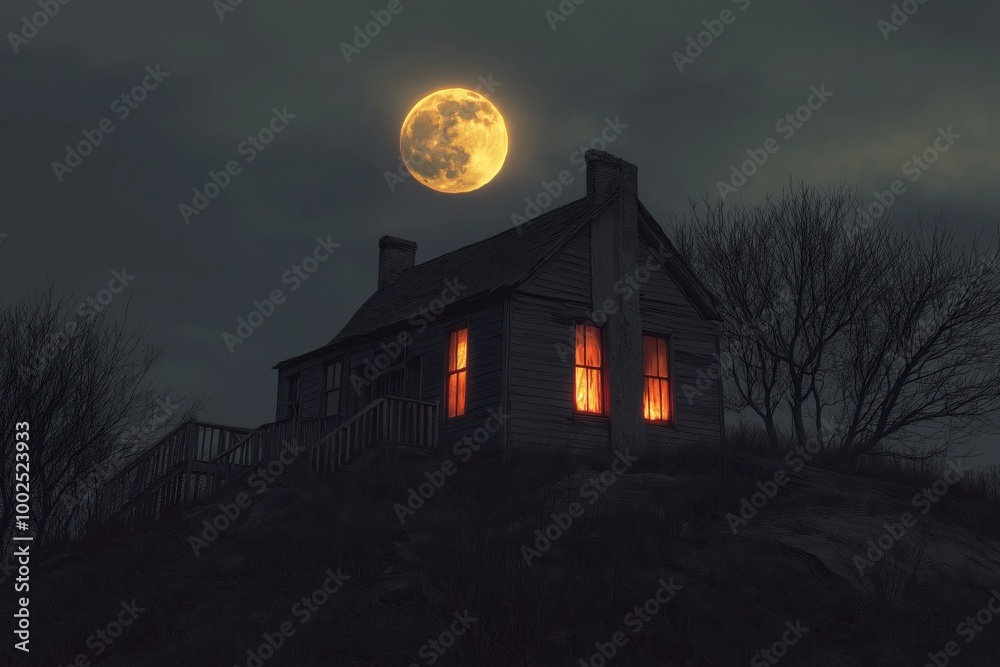 An eerie abandoned house on a hill with glowing red windows under a full moon. An eerie abandoned house on a hill with glowing red windows under a full moon.
