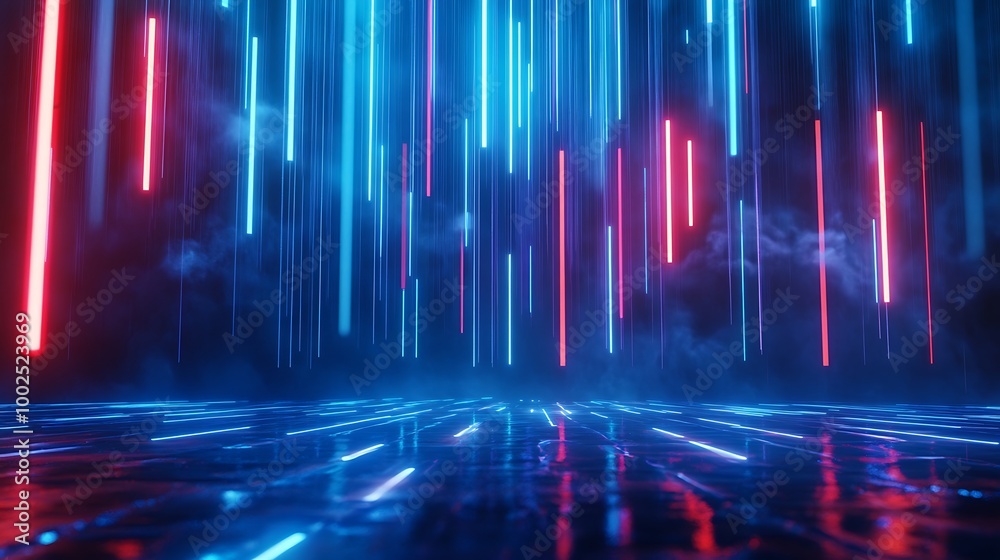 Vibrant neon lights create a dynamic and colorful atmosphere with reflections in a misty environment. Vibrant neon lights create a dynamic and colorful atmosphere with reflections in a misty environment.