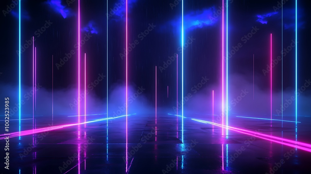 Vibrant neon lights create a dynamic atmosphere, illuminating a futuristic space with colorful beams and reflections. Vibrant neon lights create a dynamic atmosphere, illuminating a futuristic space with colorful beams and reflections.