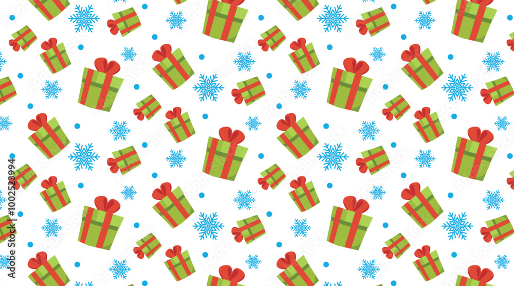 Vector seamless pattern with Christmas gift box and snowflakes white isolated background. Merry Christmas and Happy New Year decoration pattern Vector seamless pattern with Christmas gift box and snowflakes white isolated background. Merry Christmas and Happy New Year decoration pattern