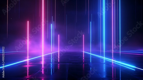 Vibrant neon lights casting reflections, creating a futuristic and dynamic atmosphere.