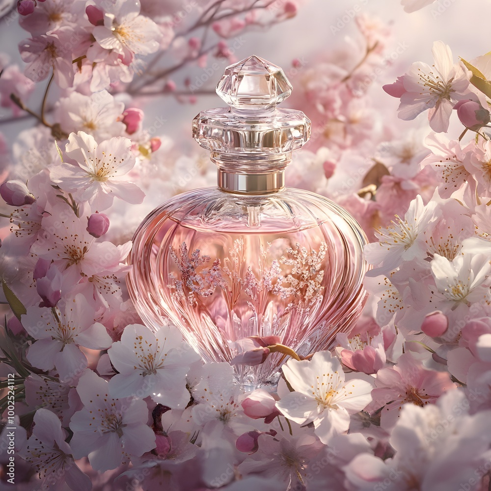 A beautifully designed glass perfume bottle surrounded by delicate pink cherry blossoms, reflecting elegance and floral beauty. A beautifully designed glass perfume bottle surrounded by delicate pink cherry blossoms, reflecting elegance and floral beauty.