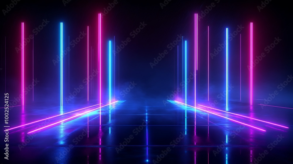 Vibrant neon lights create a dynamic, futuristic backdrop with a sleek, reflective surface, enhancing visual excitement. Vibrant neon lights create a dynamic, futuristic backdrop with a sleek, reflective surface, enhancing visual excitement.
