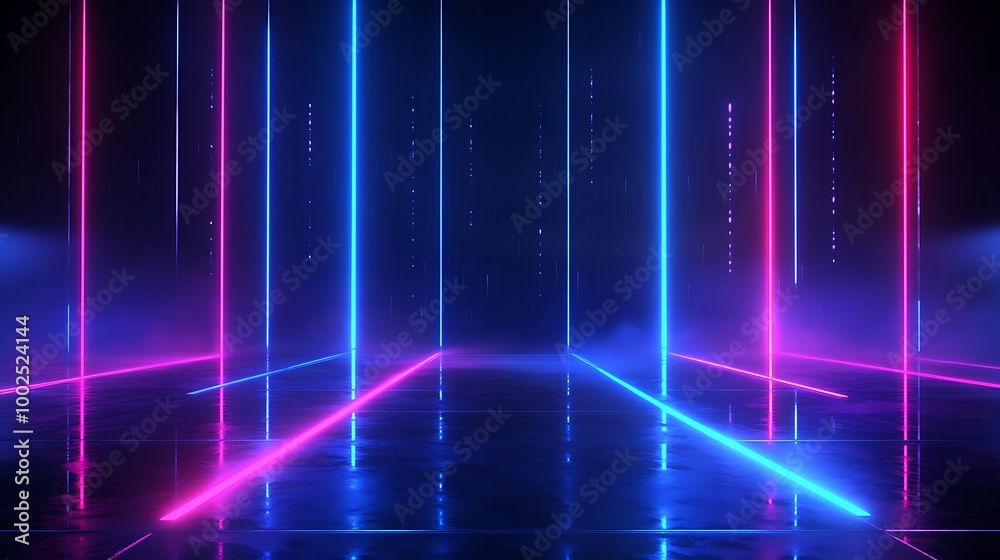 Vibrant neon lights create a futuristic ambiance with colorful reflections on a dark surface. Vibrant neon lights create a futuristic ambiance with colorful reflections on a dark surface.