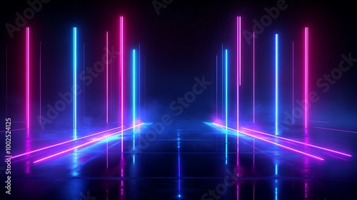 Vibrant neon lights create a dynamic, futuristic backdrop with a sleek, reflective surface, enhancing visual excitement.