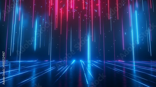 Vibrant neon lights create a futuristic ambiance with dazzling effects and reflections on the surface.