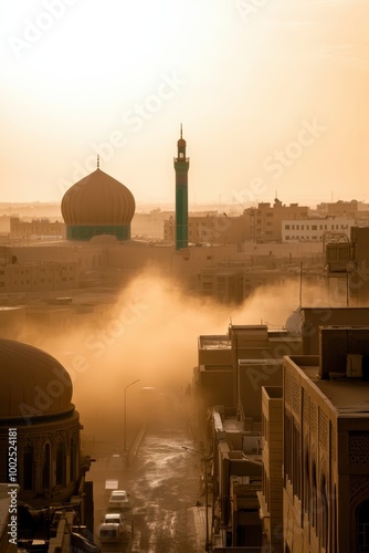 the sun rises over a city with a mosque in the background photo