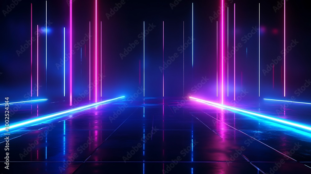 Vibrant neon lights create a futuristic atmosphere, illuminating a dark space with blue and pink hues. Vibrant neon lights create a futuristic atmosphere, illuminating a dark space with blue and pink hues.
